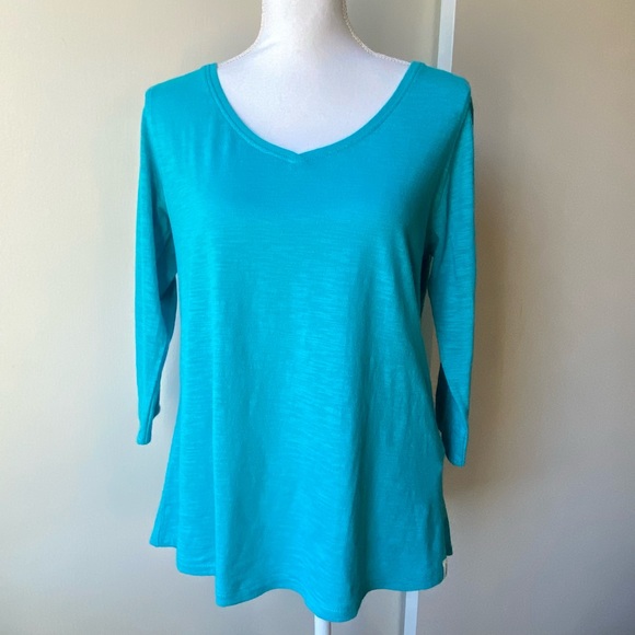 Woolrich Shirt Small Turquoise Split Open Back Yoga Hiking 100% Cotton Women’s - Picture 2 of 15